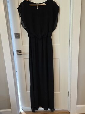 Lush Black Maxi Dress Sheer Hem Double Slit Minimalist Romantic Wedding Guest L